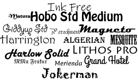 A cloud of several design typefaces spelling-out the name of each typeface.