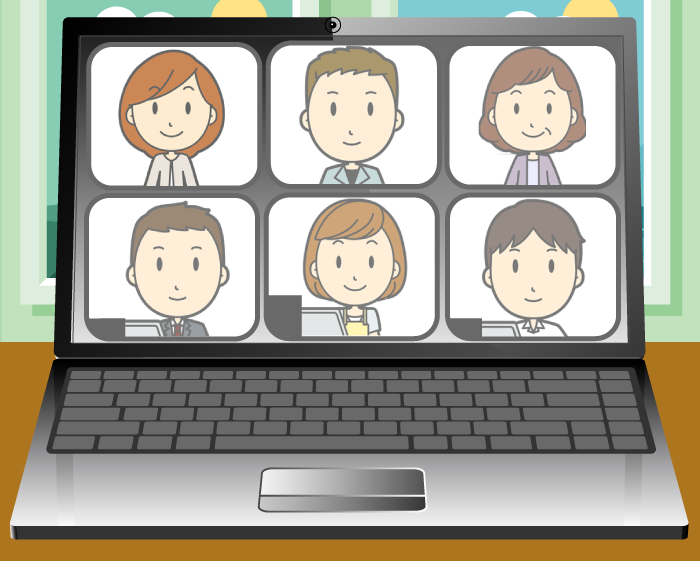 A laptop showing six faces of participators in a 3 x 2 matrix,rs in a virtr