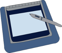 A blue pen tablet with stylus.