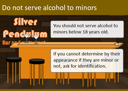 An elearning slide showing information about not serving drink to minors. The informational text boxes use sans serif font, but the name of the bar in neon lights uses a design font.