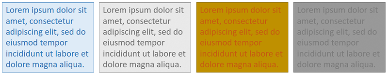 Leftmost: a blue lorem ipsum textbox with a darker blue letters. Left-center: the grayscaled version of the blue textbox; the text are still readable. Right-center: a dark yellow lorem ipsum textbox with red letters. Rightmost: the grayscaled version of the yellow textbox; the text are barely readable.