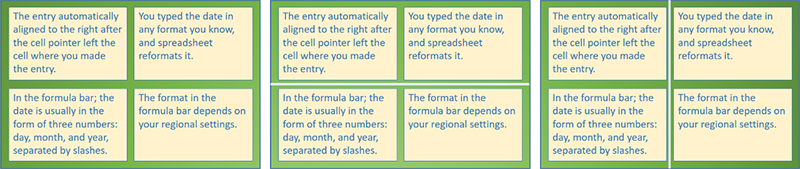 Left: four text boxes arranged in a 2x2 matrix. Center: the 2x2 text boxes with light blue horizontal divider separating the upper and lower text boxes. Right: the 2x2 text boxes with light blue vertical divider separating the left and right text boxes.