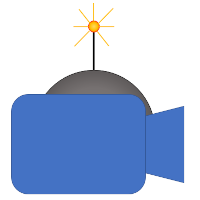 A blue camera with spherical bomb at the back.